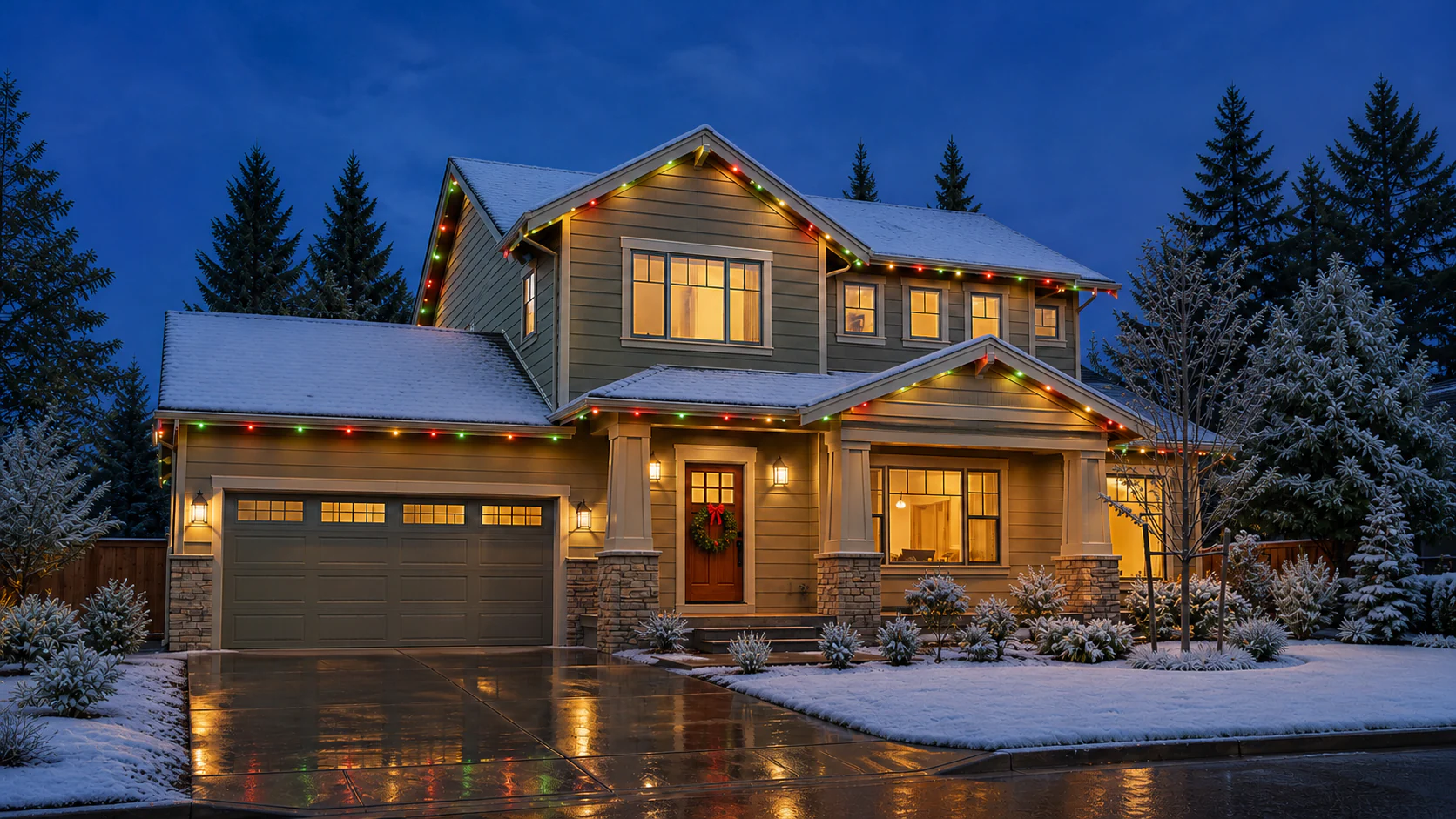 A Clackamas County home with its roofline lit for December