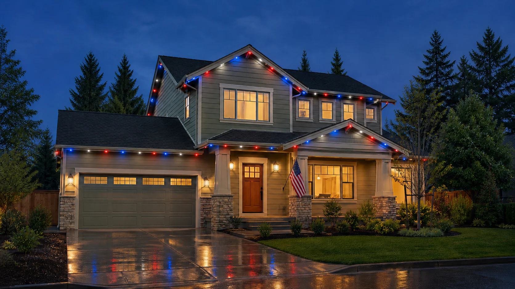 A home at dusk with its roofline lit for the Fourth of July