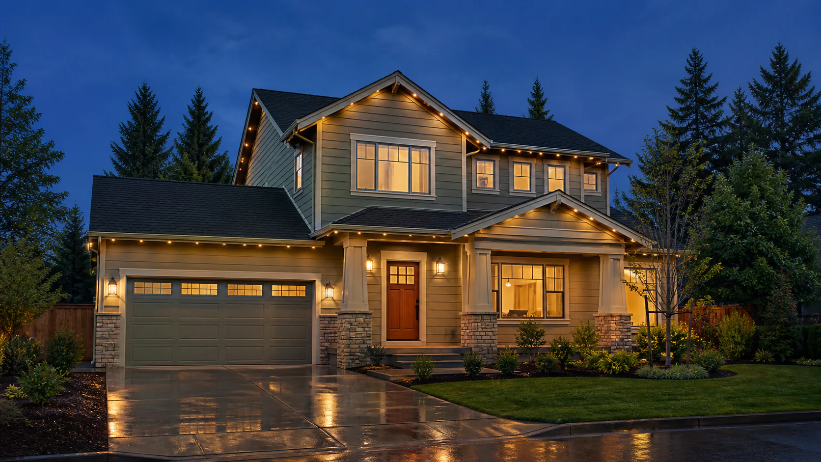 A craftsman home at dusk with its roofline lit in warm white